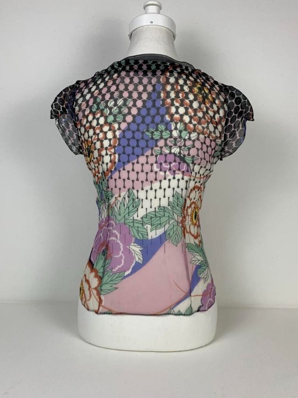 Elie Tahari Silk Sheer Floral Blouse - Purple & Green Cottagecore Elegance - Picture 3 of 7